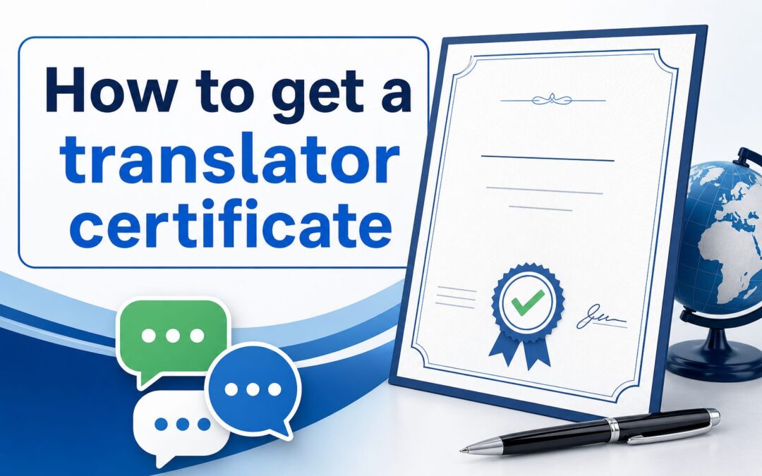 Translator certificate on a desk with documents and a pen
